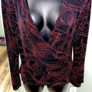 MSK wrap sparkle black & red long sleeve evening party top size PL